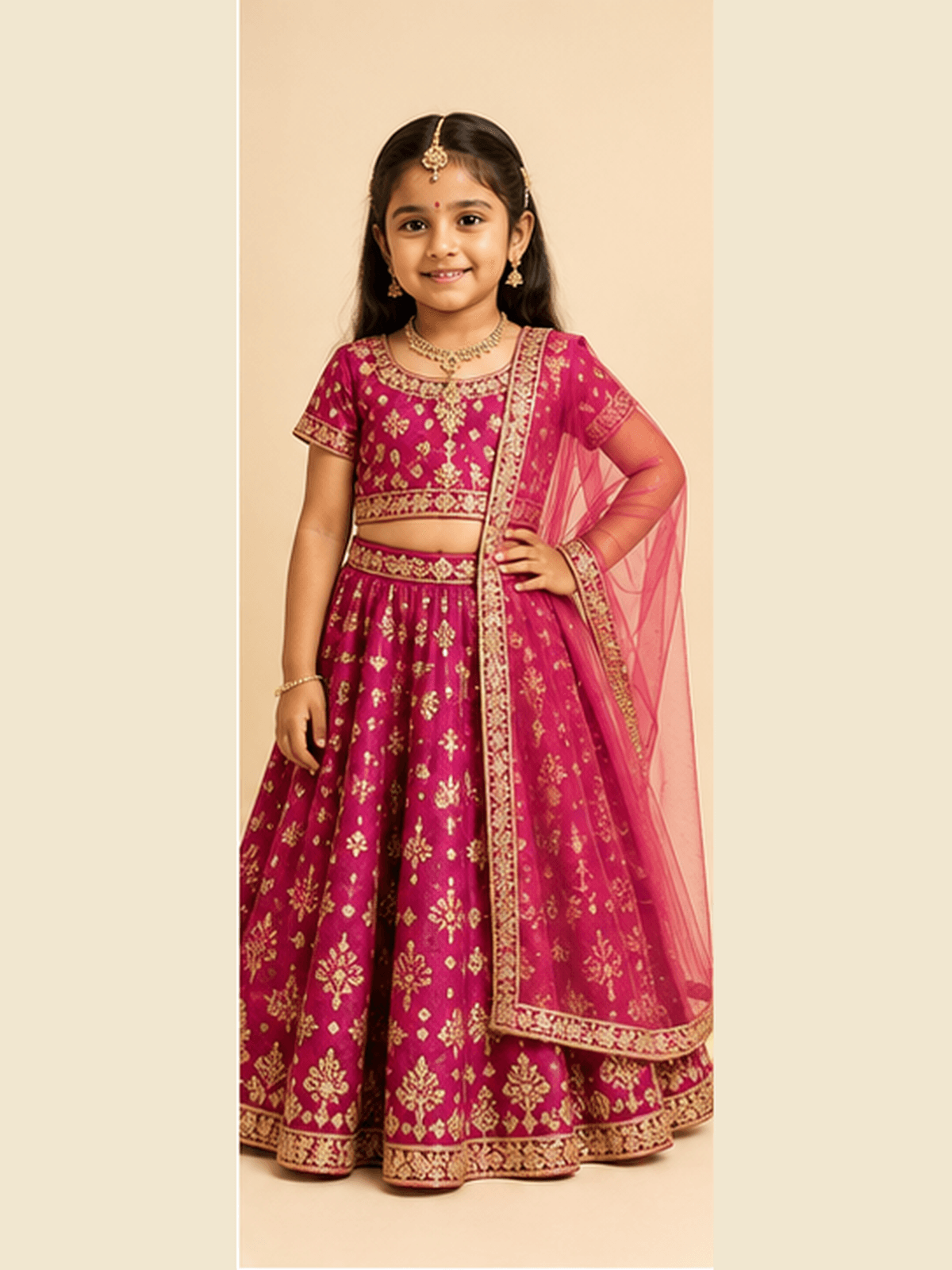 Girl in a magenta and gold embroidered lehenga choli with a sheer dupatta, maang tikka and jewellery