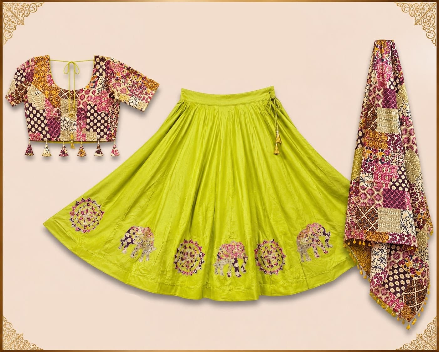 Lime-green flared skirt with elephant and mandala appliqué, patchwork-print blouse with tassels and a patchwork dupatta