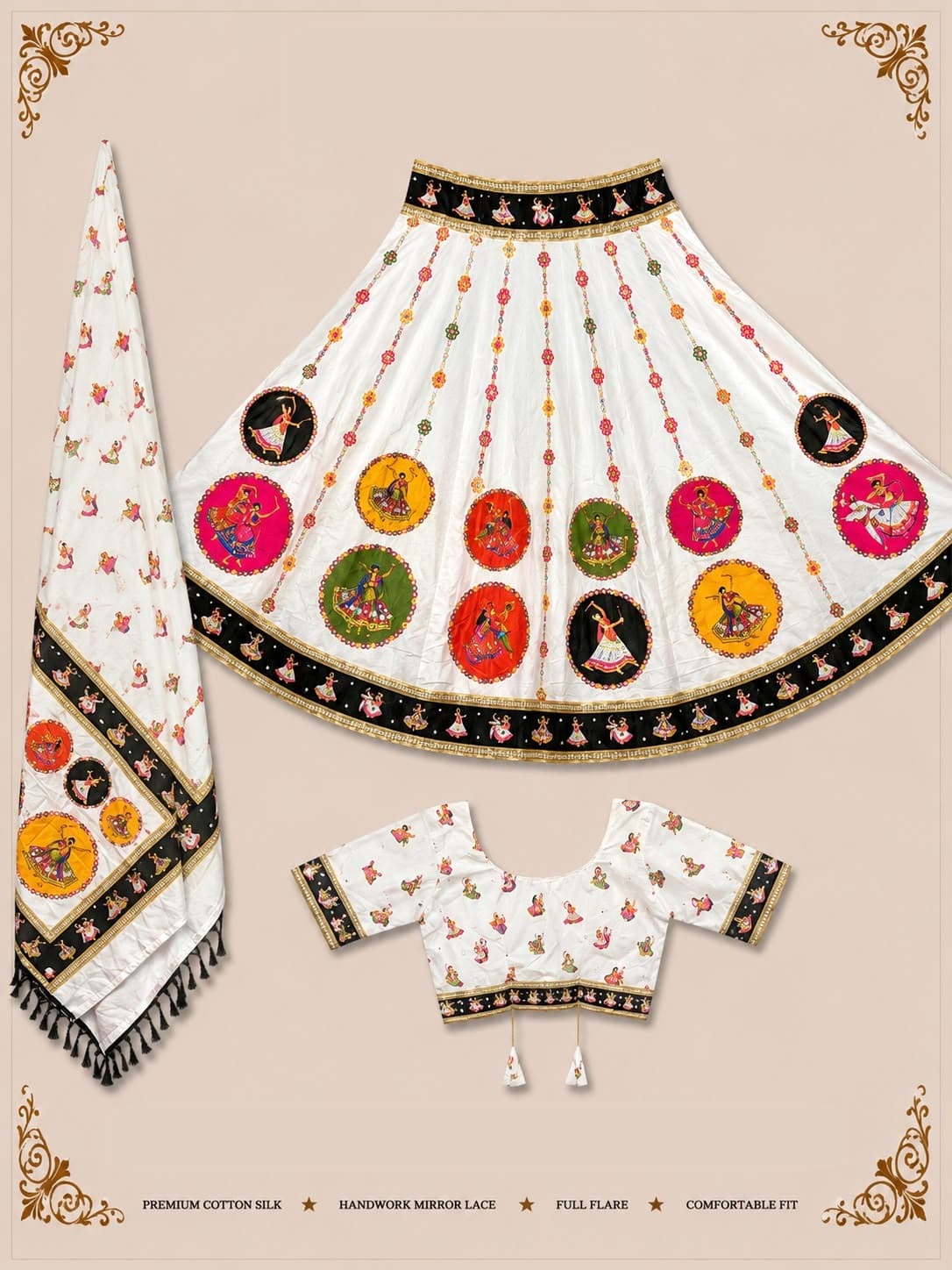 White skirt printed with colourful garba-dancer medallions and a black dancer border, matching blouse and dupatta