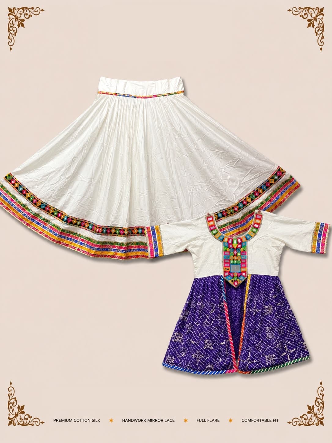 White full-flare skirt with a mirror-work ribbon hem and a purple leheriya kediyu-style top with a mirror neckline