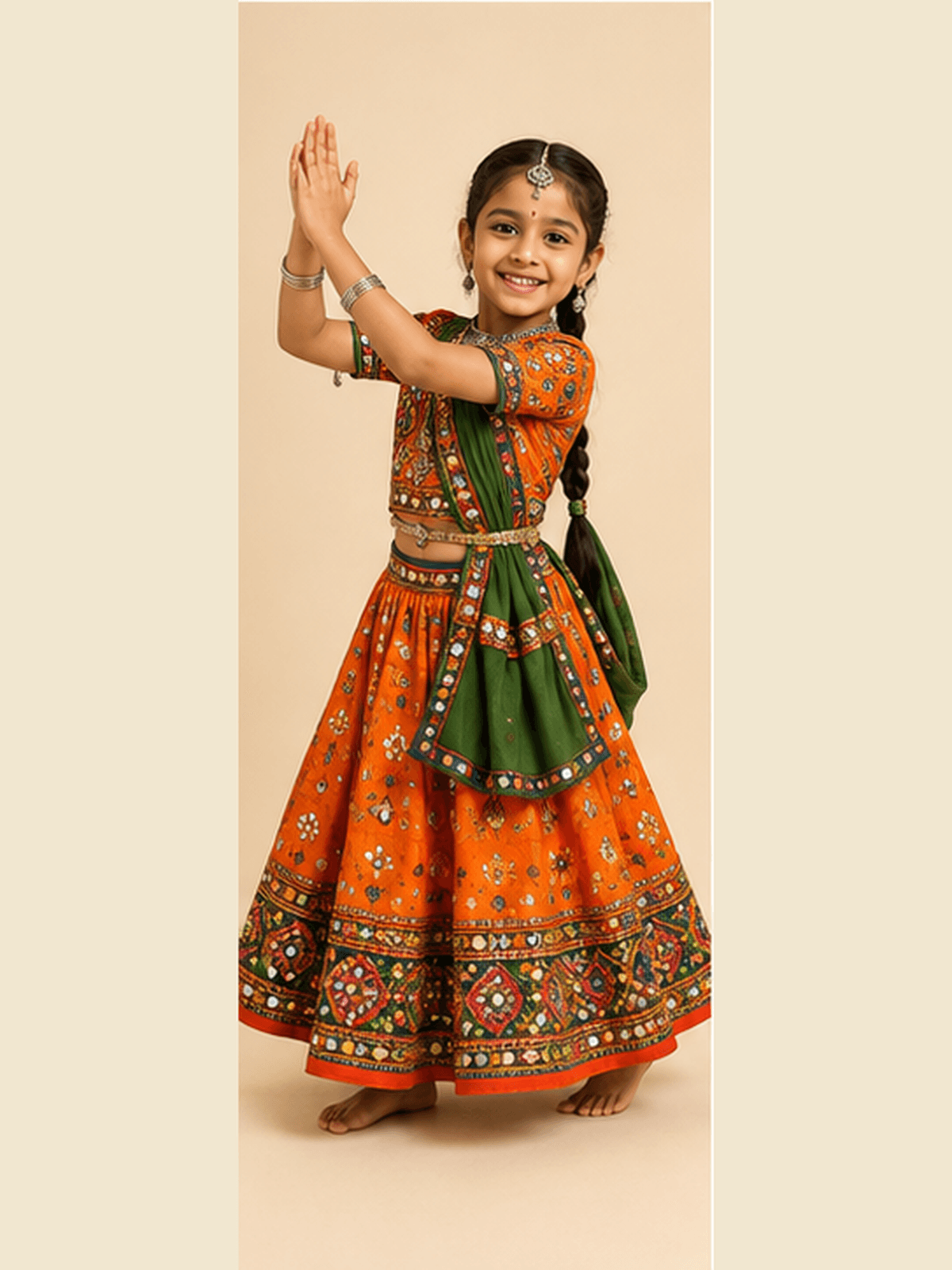 Girl in an orange and green mirror-work chaniya choli with silver bangles, mid garba clap