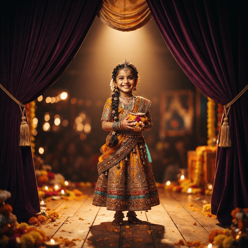 A child in a colorful fancy-dress costume on a spotlit stage with plum velvet curtains