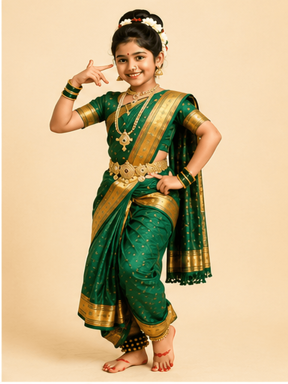 Girl in a green and gold nauvari saree with kashta drape, nath nose ring, green bangles and gajra, in a Lavani dance stance