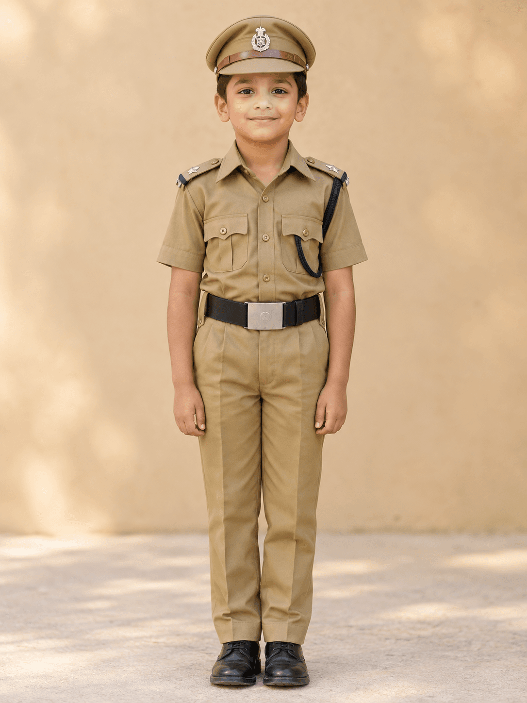 Boy in a khaki Indian police uniform with a peaked cap, badge, black belt and shoulder epaulettes, standing against a sunlit wall