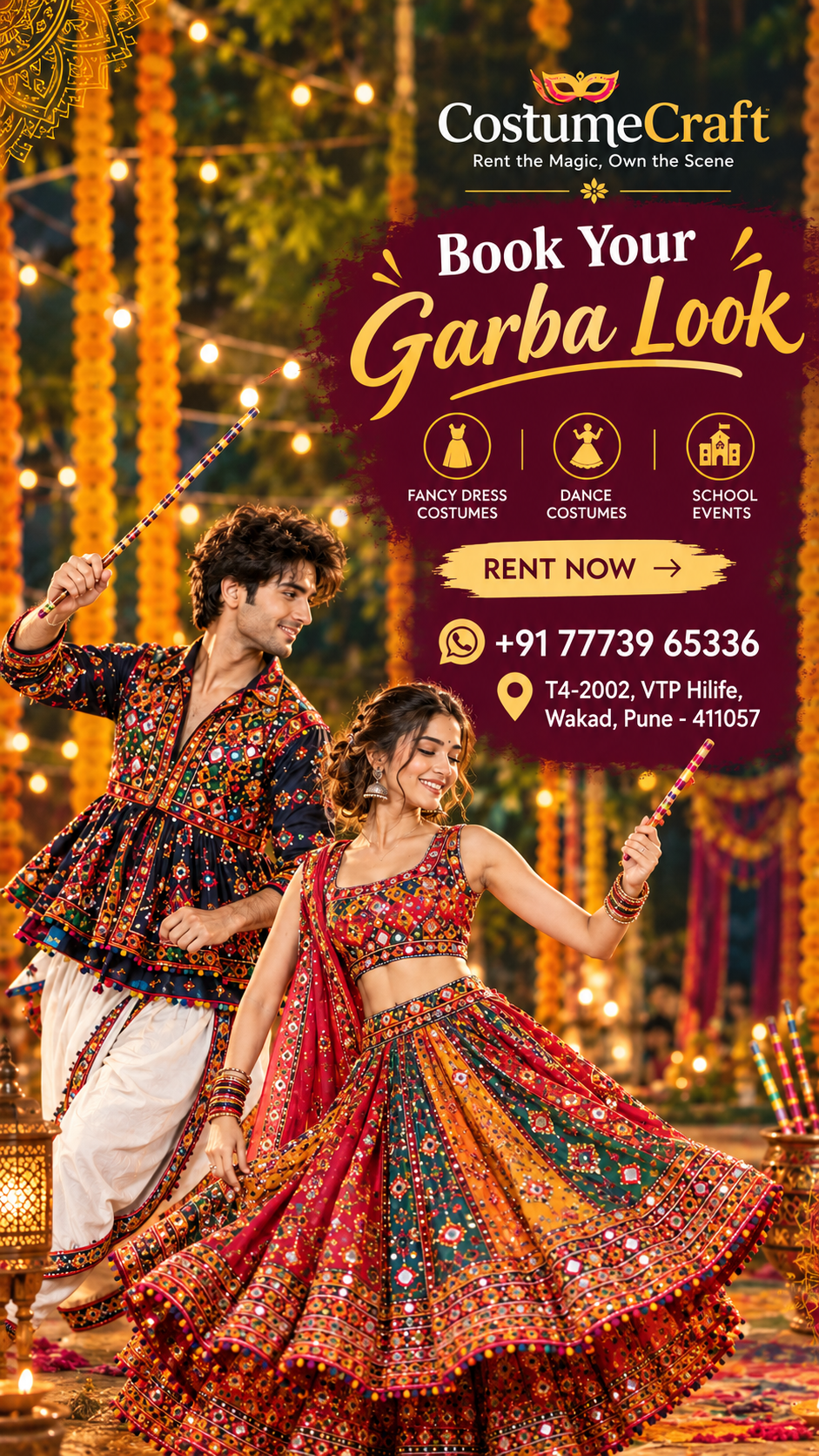 A couple dancing garba with dandiya sticks under festival lights, in a mirrored red chaniya choli and an embroidered kediyu. CostumeCraft — book your garba look, rent now.
