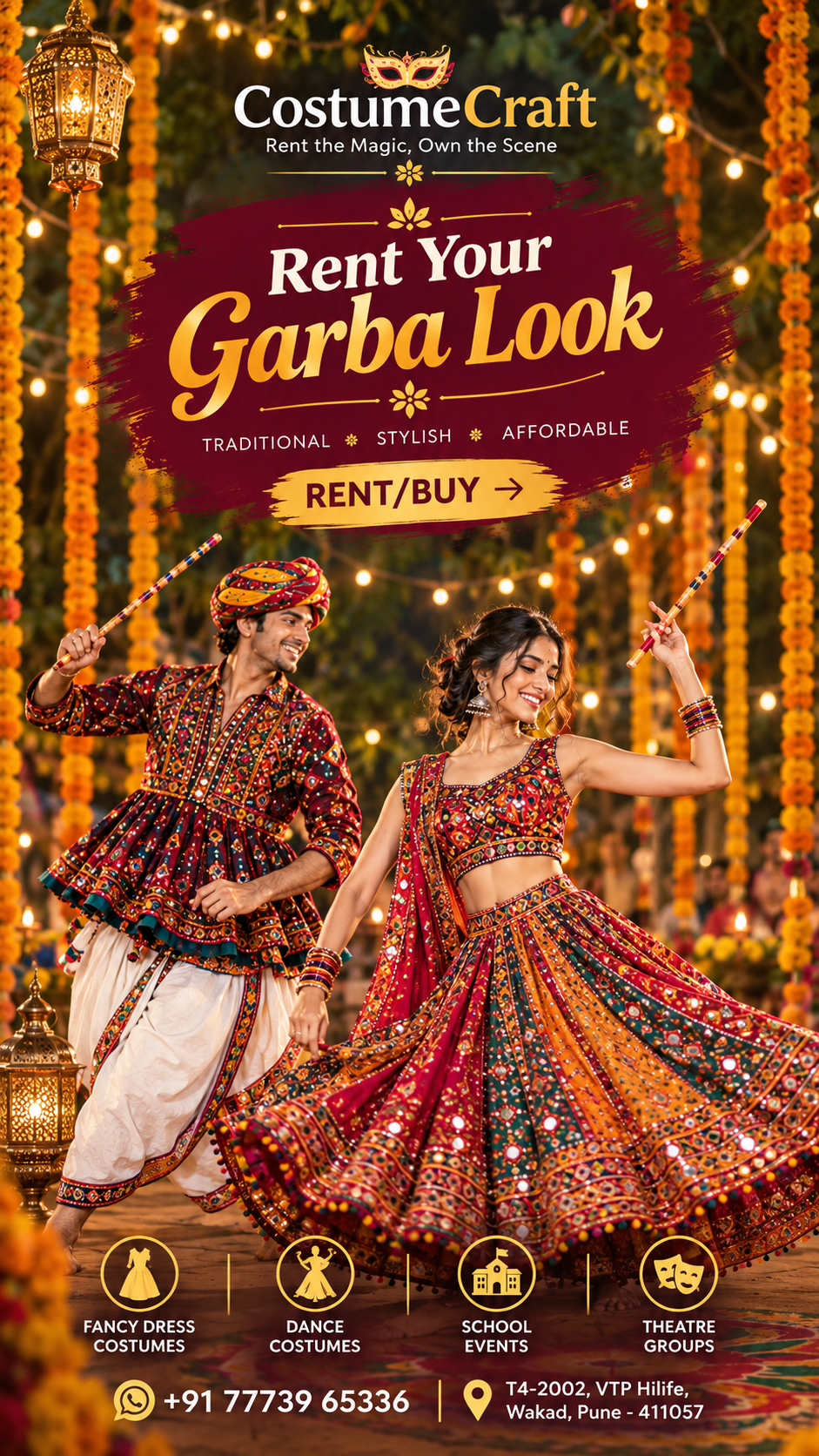 A woman spinning in an orange and red mirrored chaniya choli beside a man in a turban and embroidered kediyu, marigolds strung overhead. CostumeCraft — rent your garba look.